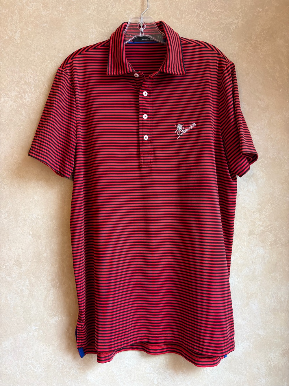 Ralph Lauren Men's Red and Black Striped Polo Shirt Size Medium